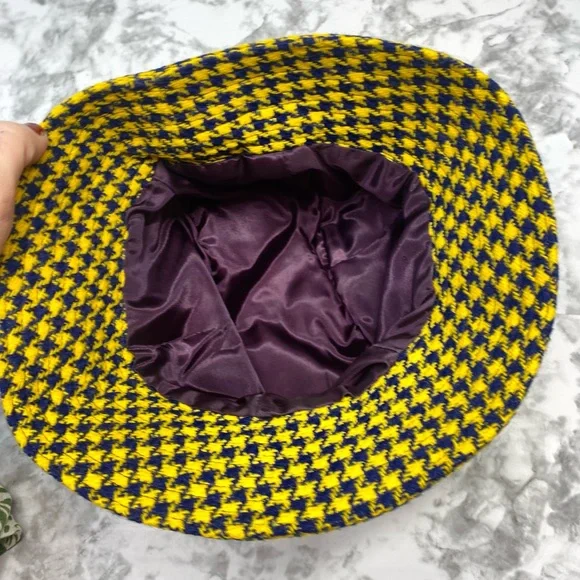 Vintage Preppy Trendy Yellow & Purple Houndstooth Print Reto Bucket Hat - Picture 3 of 11